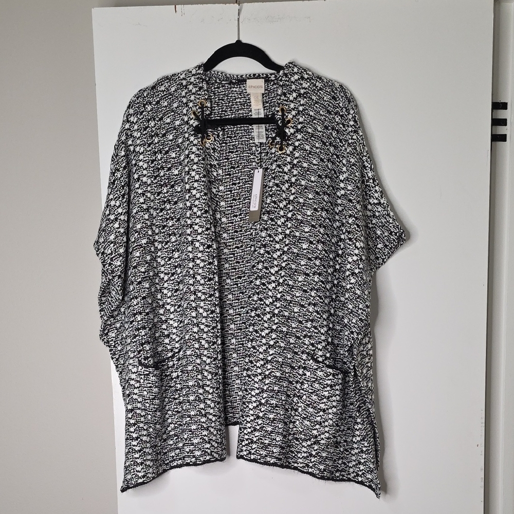 Chico's Black and White Knit Open-Front Cardigan with Eyelet Detail